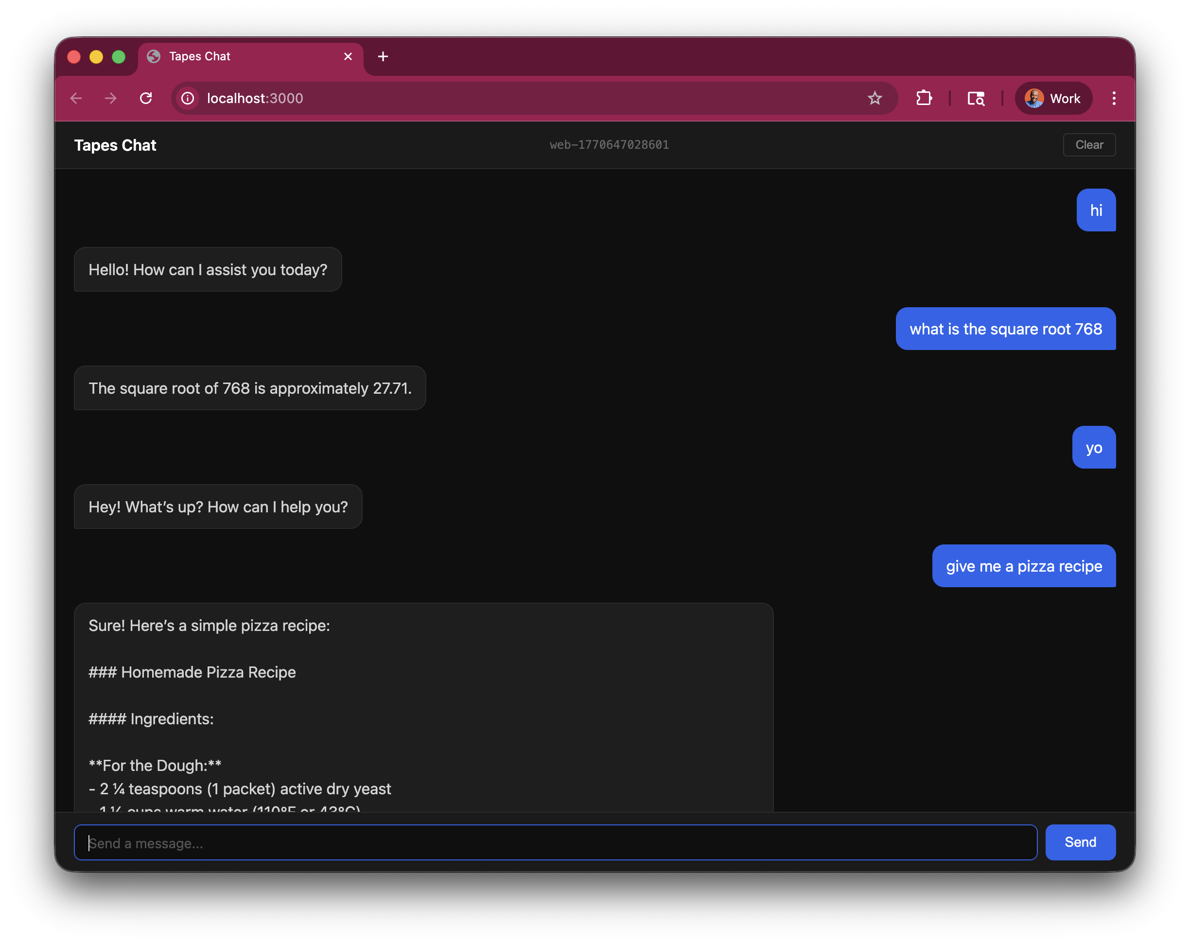 Screenshot of tapes Chat web interface showing a conversation history sidebar on the left and a chat window on the right with example AI responses